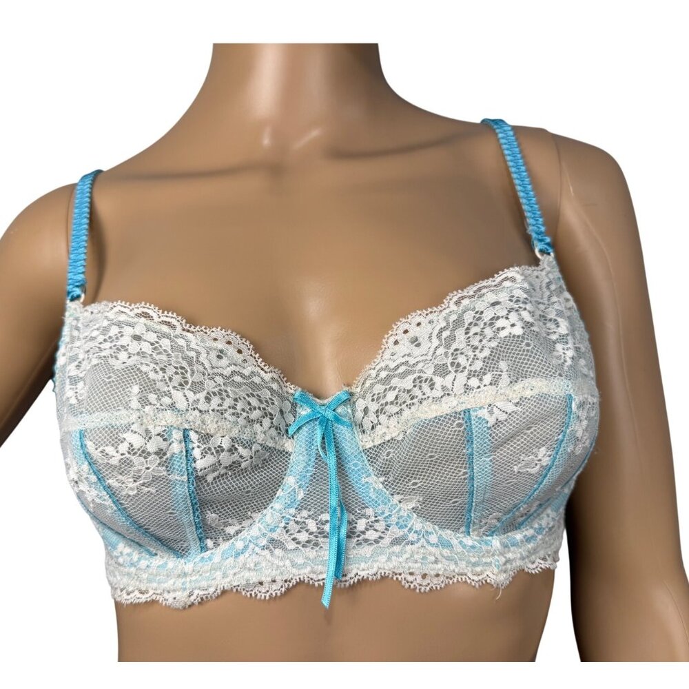 Elle Macpherson Intimates White Lace & Blue Trim Underwire Bra Size 34C